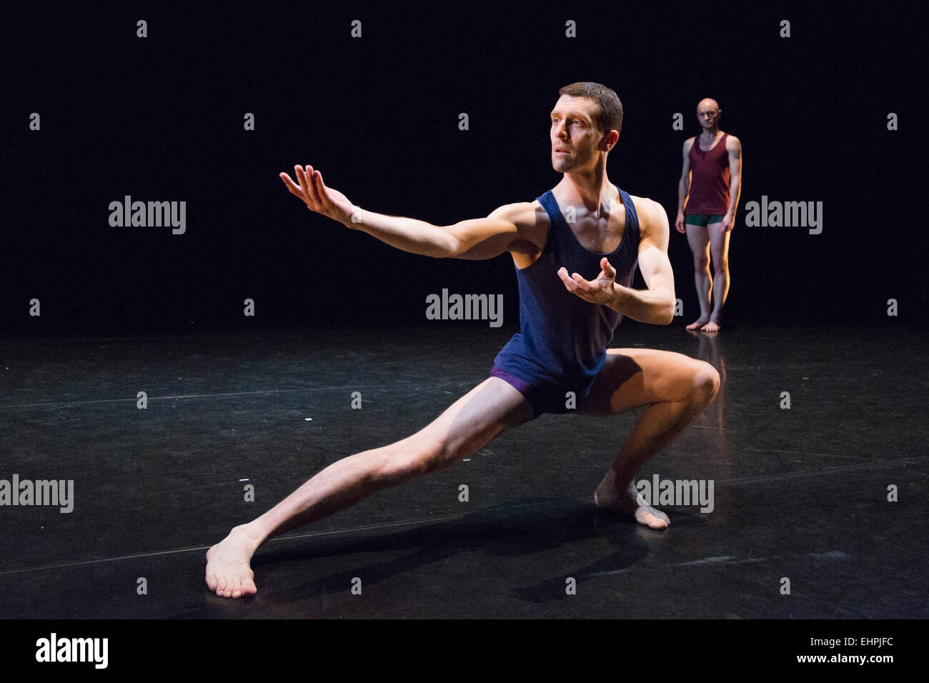 © Licensed to London News Pictures. 10/03/2015. London, England. Jonathan Goodard and Phil Sanger performing. The Yorke Dance Project presents 'Lingua Franca', the first new work in a decade from choreographer Robert Cohan CBE, on 10 March 2015 at the Lilian Baylis Studio and as part of Robert Cohan's 90th birthday at The Place on 27 March. Lingua Franca is part of the company's spring programme 'Figure Ground 2015'. Dancers: Jonathan Goddard, Phil Sanger, Laurel Dalley-Smith and Yolande Yorke-Edgell. Stock Photo