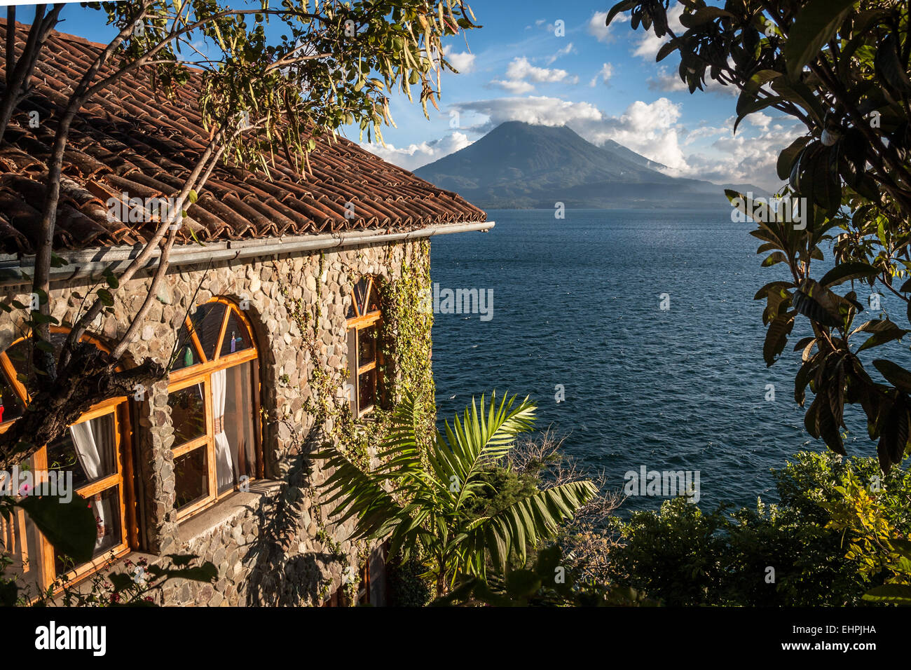View of Toliman volcano on the atitlan lake, htoel Casa del Mundo, Guatemala Stock Photo