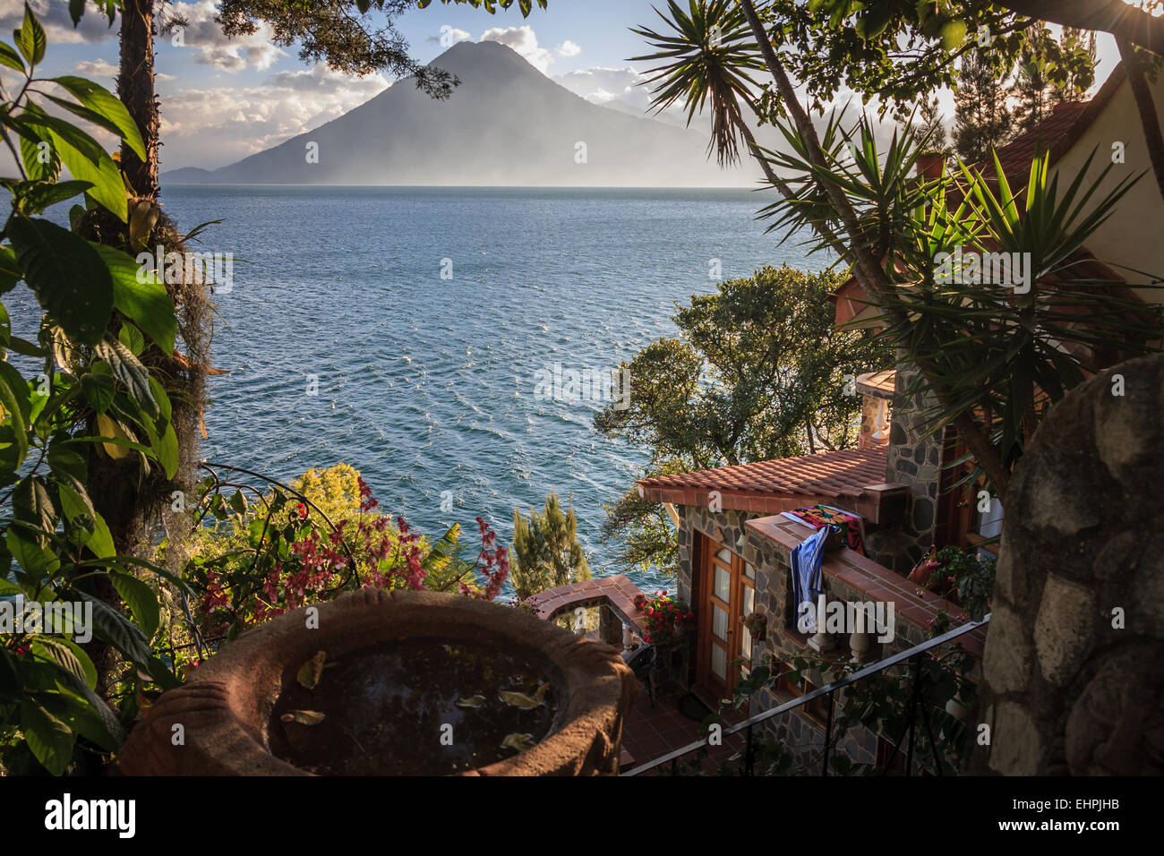 View of Toliman volcano on the atitlan lake, Casa del Mundo hotel, Guatemala Stock Photo
