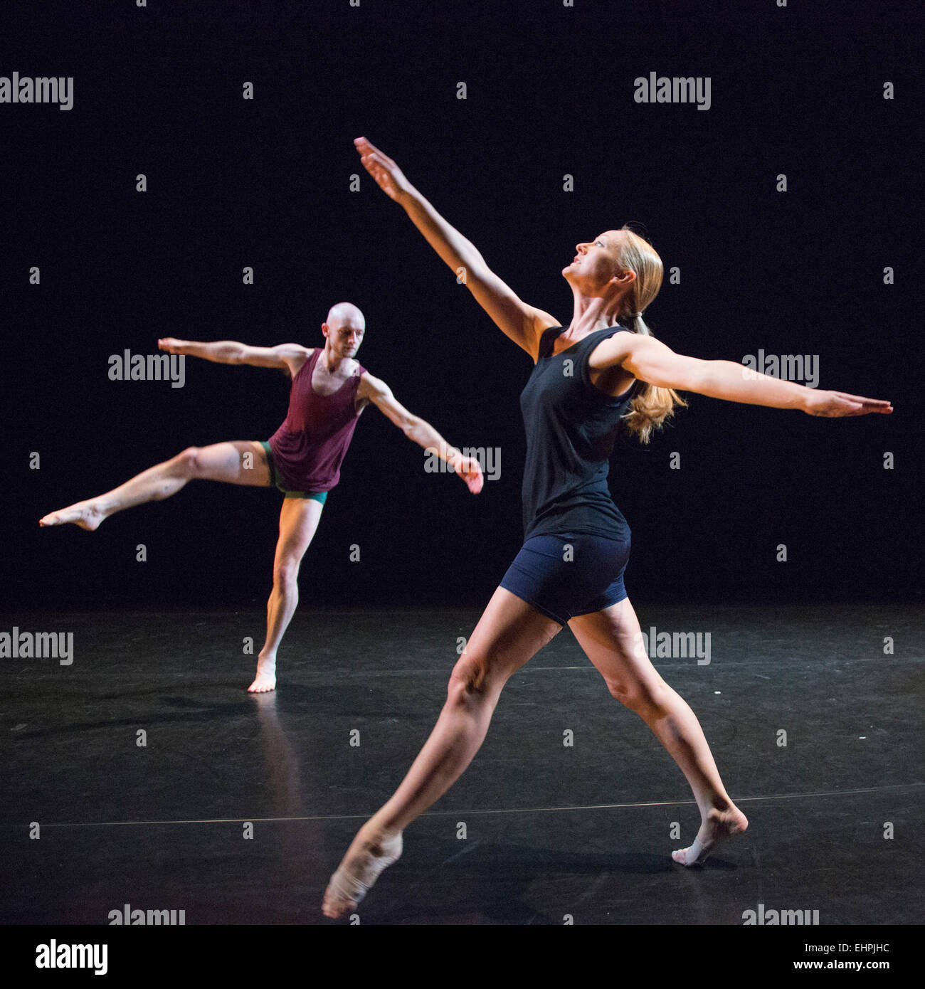 © Licensed to London News Pictures. 10/03/2015. London, England. Phil Sanger and Yolande Yorke-Edgell performing. The Yorke Dance Project presents 'Lingua Franca', the first new work in a decade from choreographer Robert Cohan CBE, on 10 March 2015 at the Lilian Baylis Studio and as part of Robert Cohan's 90th birthday at The Place on 27 March. Lingua Franca is part of the company's spring programme 'Figure Ground 2015'. Dancers: Jonathan Goddard, Phil Sanger, Laurel Dalley-Smith and Yolande Yorke-Edgell. Stock Photo