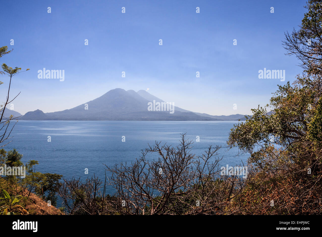 View of Toliman and Atitlan volcanos on the atitlan lake, Guatemala Stock Photo