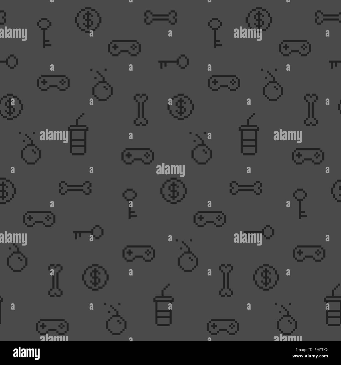 Seamless oldschool gaming inspired pattern, game icons, achievements, 90s background Stock Photo