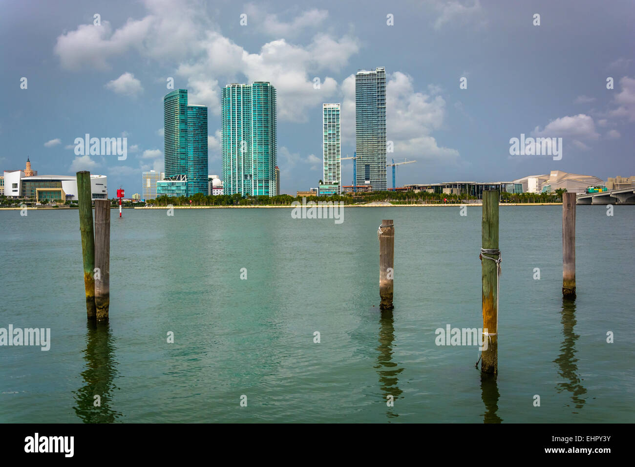 Skyscrapers and dock poles seen at Watson Island Park, Miami, Florida. Stock Photo