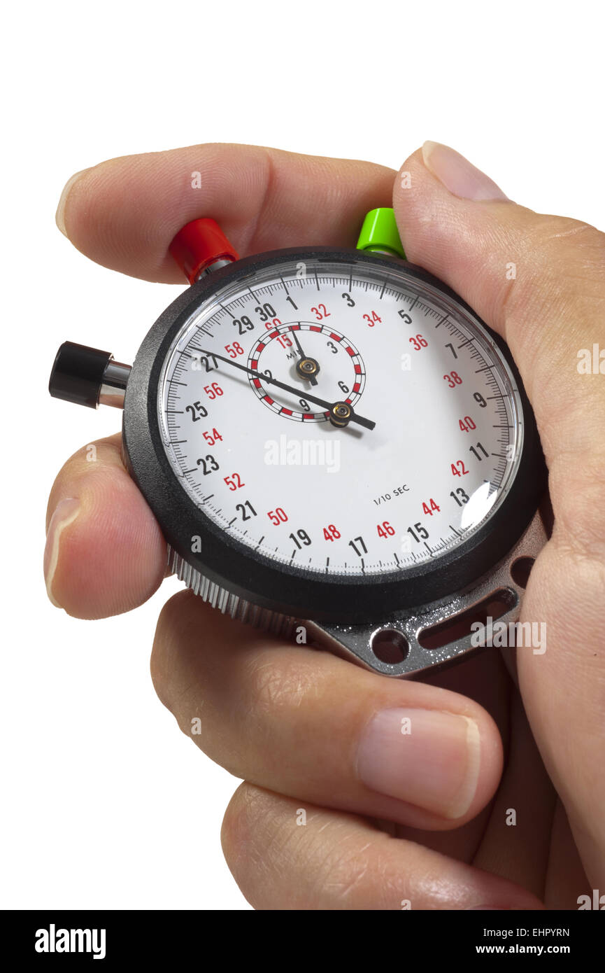stopp clock in hand isolated over white Stock Photo