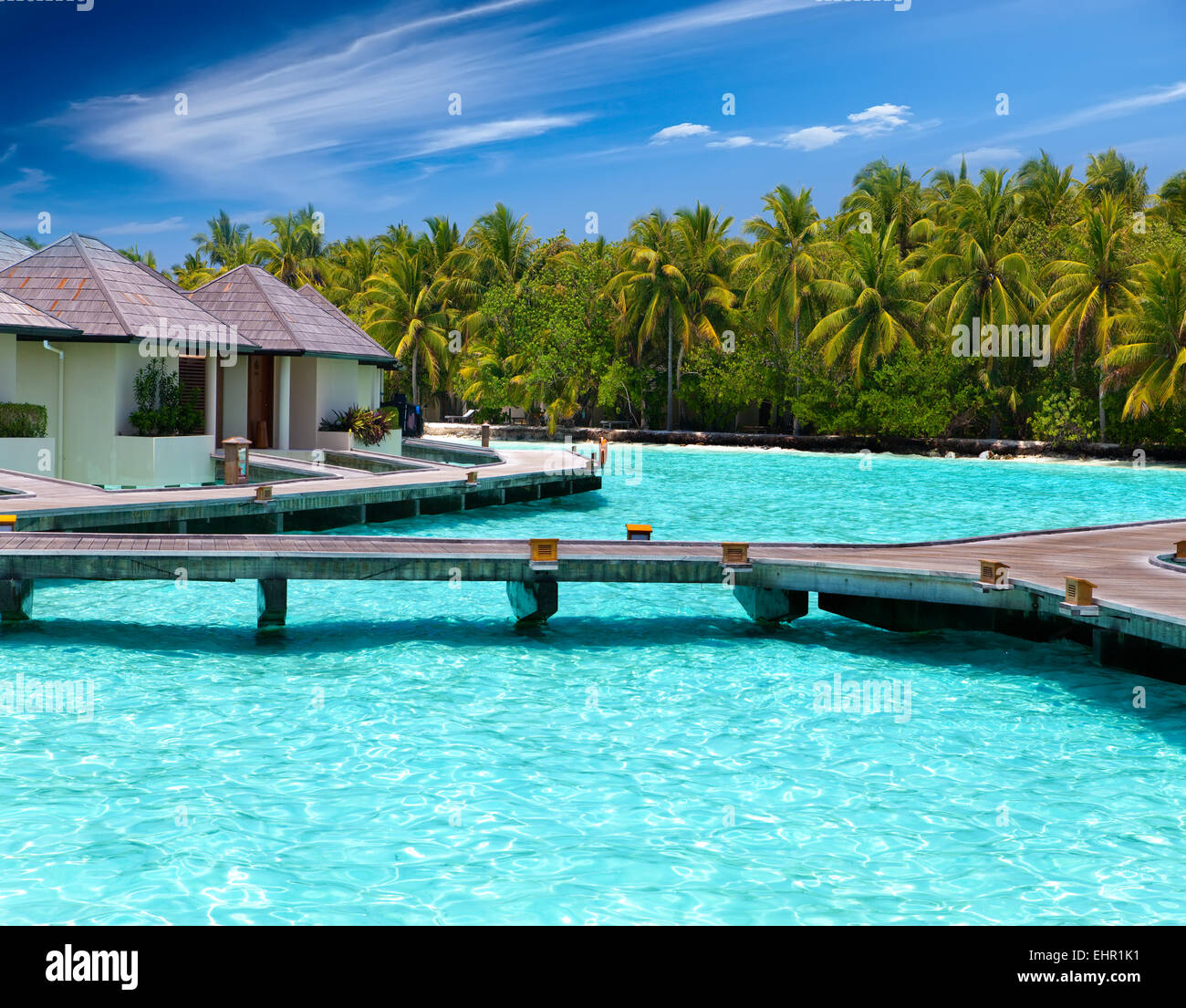 Huts in the sea and a palm tree Stock Photo