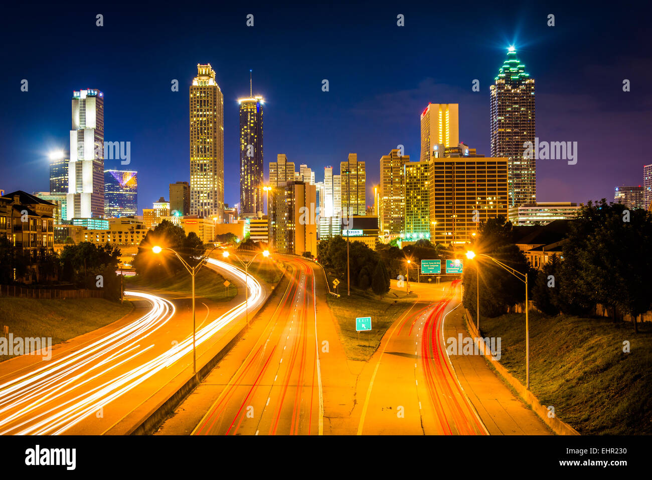 Traffic on Freedom Parkway and the Atlanta skyline at night, seen from