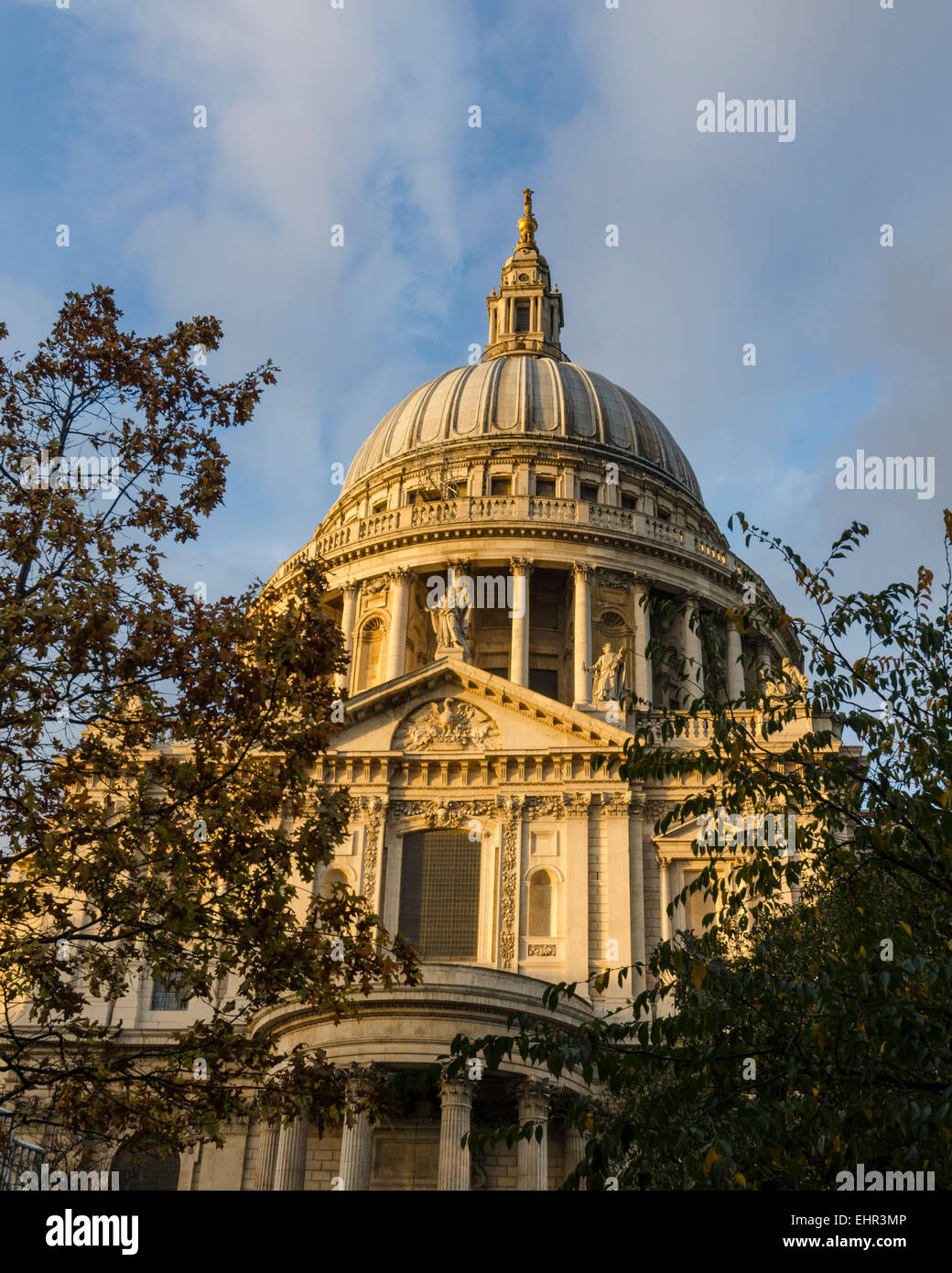 Looking up at the south facade of St Paul's Cathedral in London, designed by Sir Christopher Wren in the English Baroque style. Stock Photo