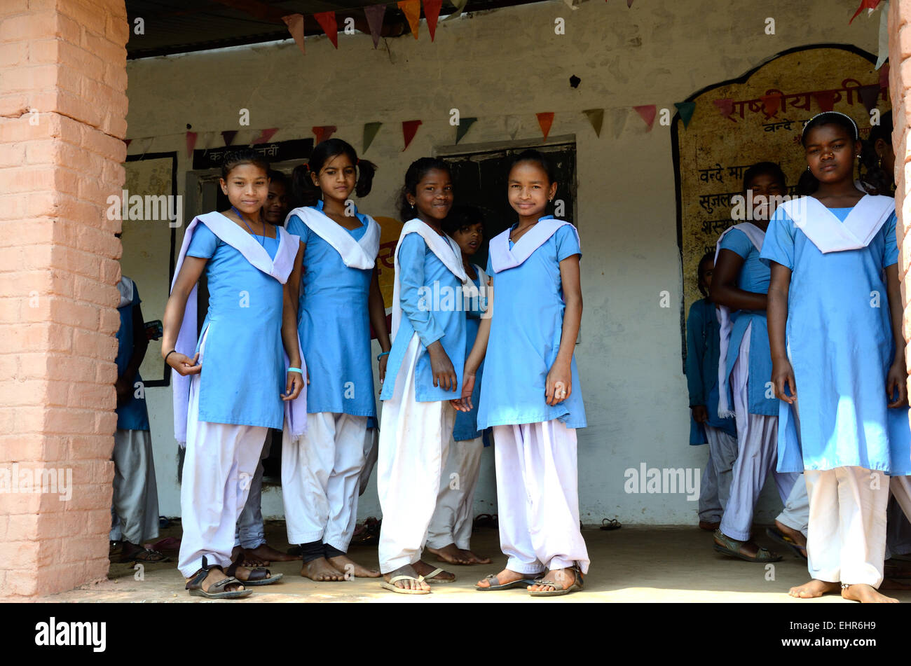 A group of Indian school girls wearing school uniform in a Government run school Madhya Pradesh India Stock Photo