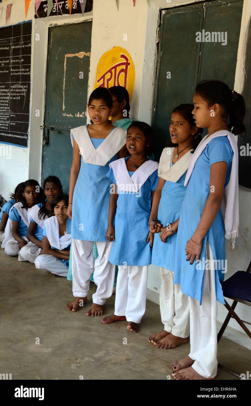 A group of Indian school girls wearing school uniform in a Government run school Madhya Pradesh India Stock Photo