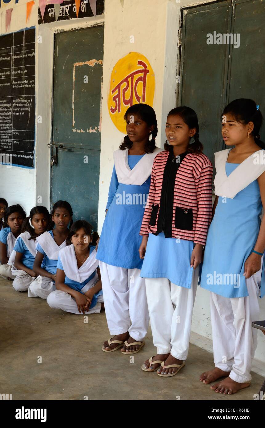 A group of Indian school girls wearing school uniform in a Government run school Madhya Pradesh India Stock Photo