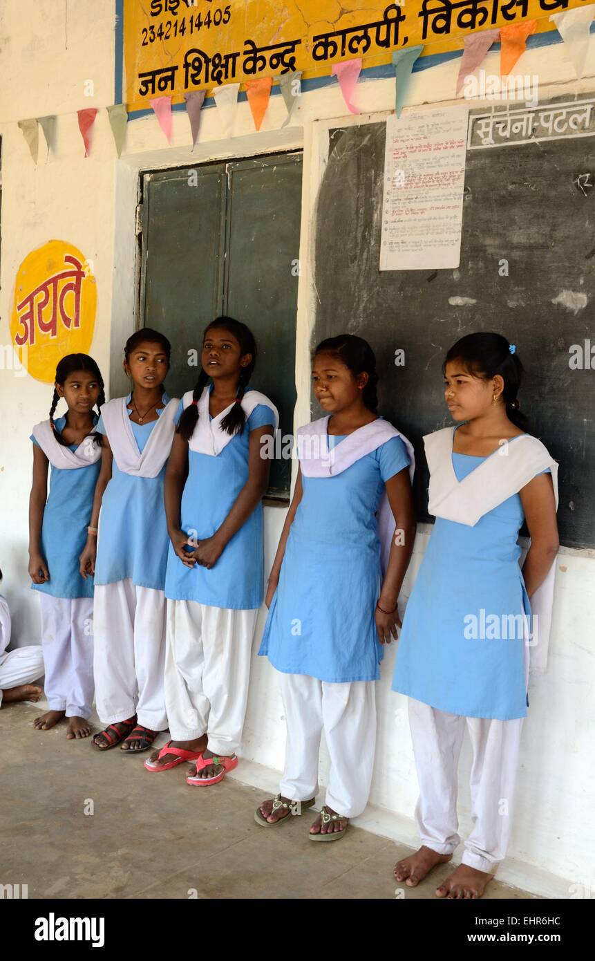 A group of Indian school girls wearing school uniform in a Government run school Madhya Pradesh India Stock Photo