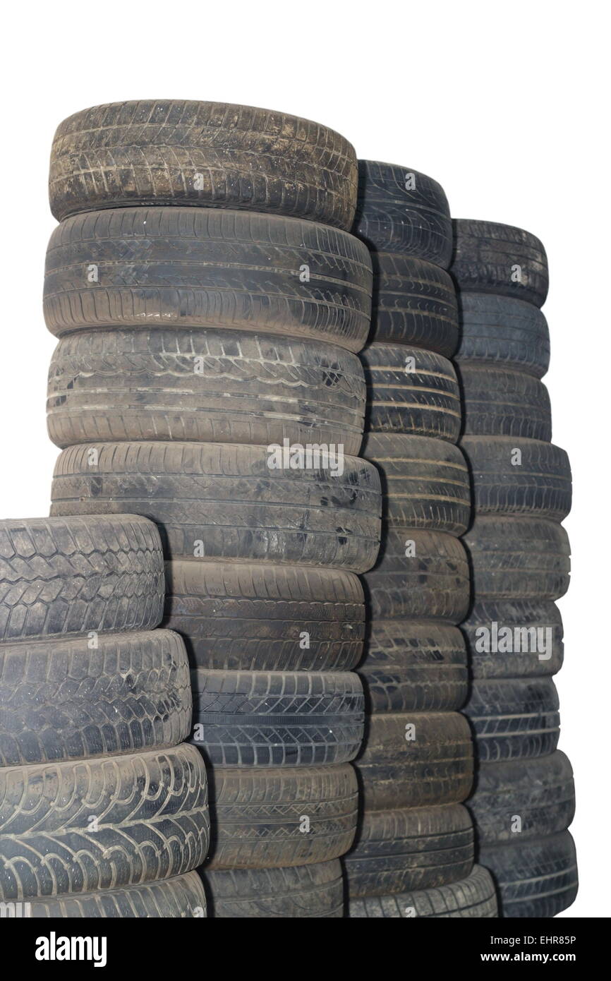 bunch of old used auto tires isolated over white background Stock Photo