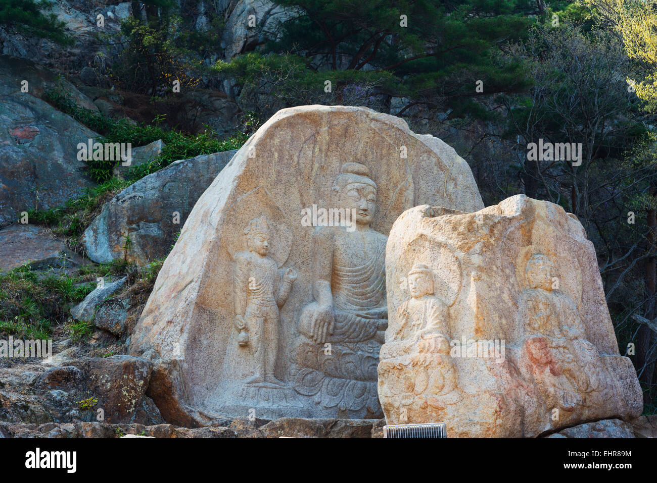 Asia, Republic of Korea, South Korea, Gyeongsangbuk-do, Gyeongju, Mt Namsan National Park, rock carved buddha image, Unesco site Stock Photo