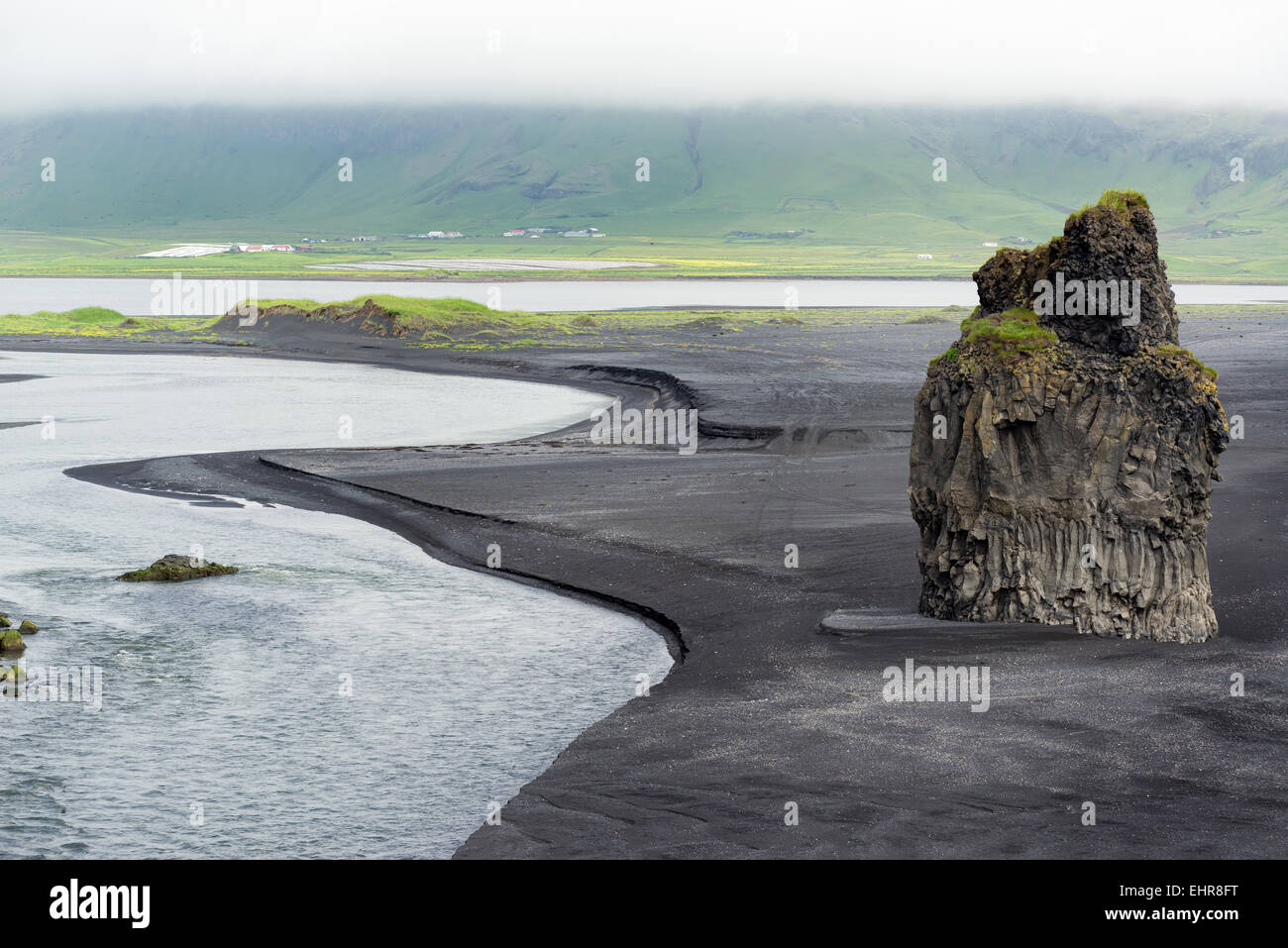Beautiful view from Dyrholavegur, of black volcanic sand beach in Vik ...
