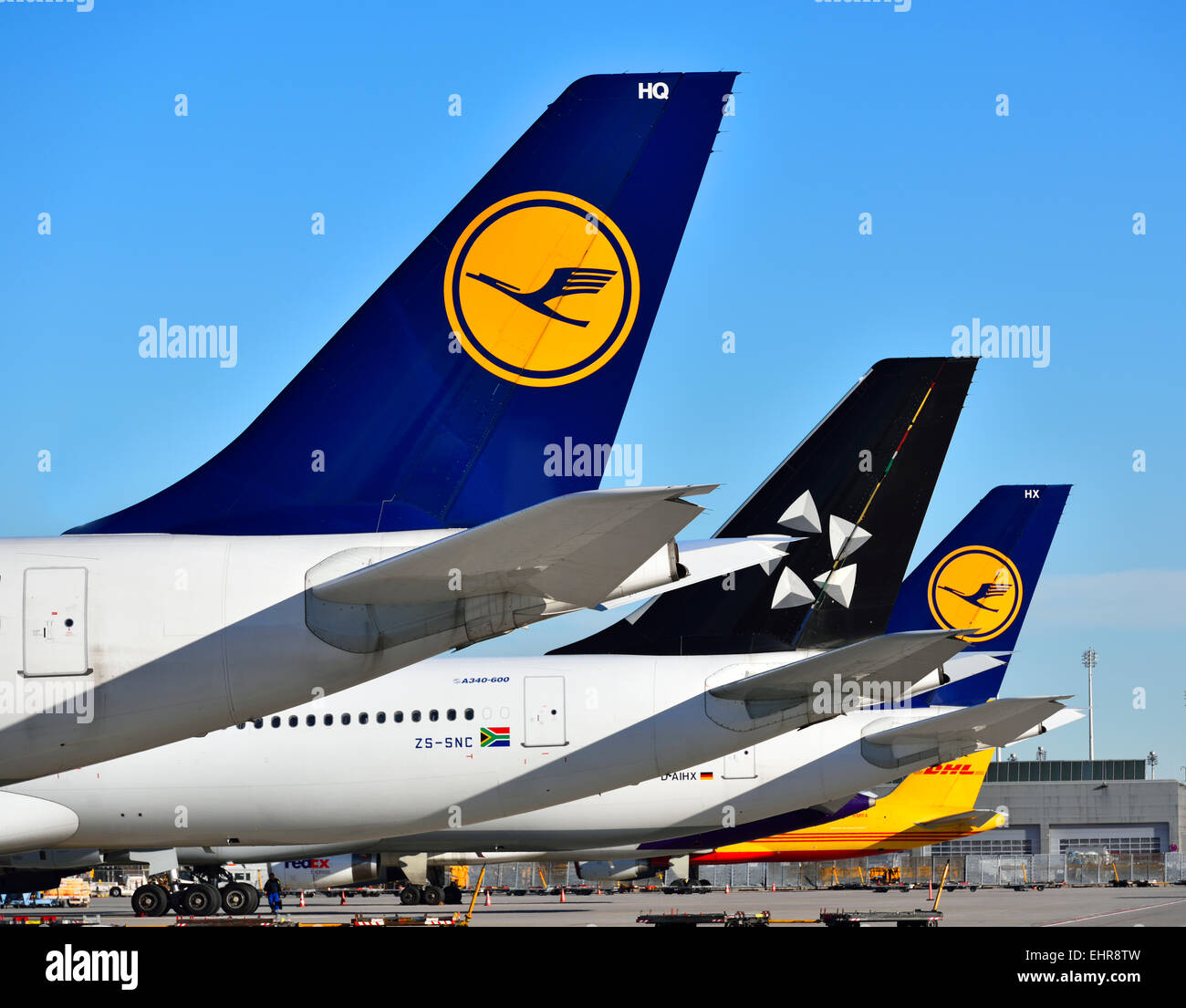 Lufthansa, Star Alliance and DHL empennage lineup, Munich Airport