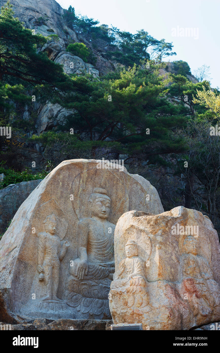 Asia, Republic of Korea, South Korea, Gyeongsangbuk-do, Gyeongju, Mt Namsan National Park, rock carved buddha image, Unesco site Stock Photo