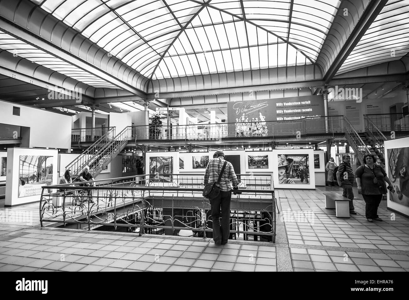 The upstairs galleries at the Museum of Comic Arts in Brussels, Belgium. This Art Nouveau building was once a fabric warehouse. Stock Photo