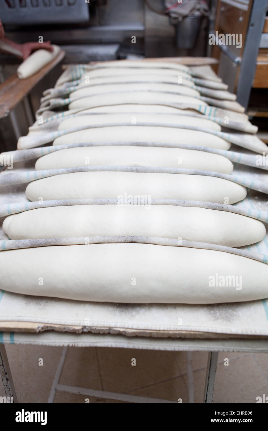 Baker putting kaiser roll dough into the oven. Manufacturing process of
