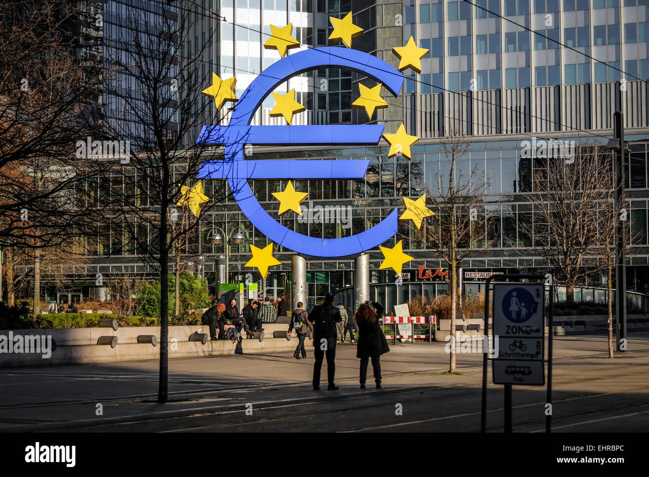 The Euro sign outside the European Central Bank (ECB) in Frankfurt am Main Hessen Germany Stock Photo