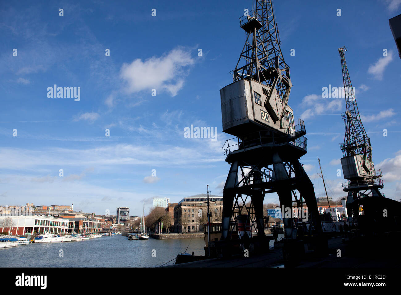 Old cranes on the historic harbour in Bristol England Stock Photo