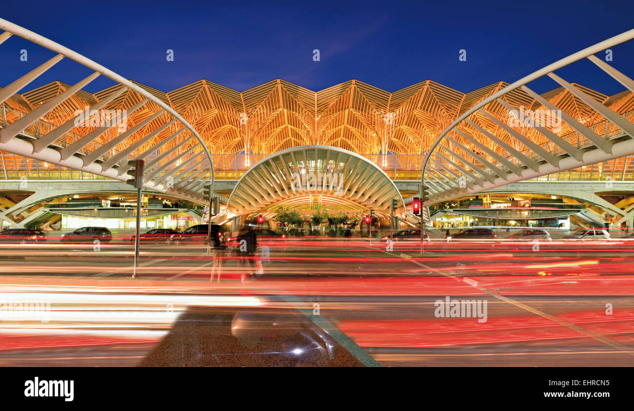 Portugal, Lisbon: Modern architecture of the train station Garé do Oriente by night Stock Photo