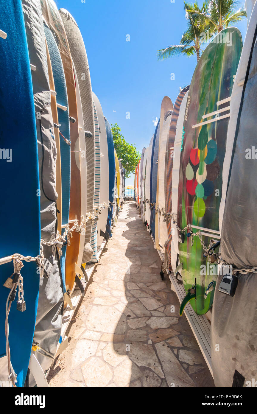 Surfboards lined up in the rack at famous Waikiki Beach in Honolulu