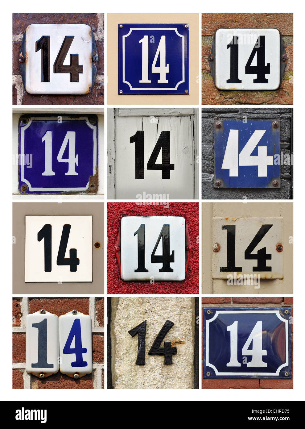 Number 14 - Collage of House Numbers Fourteen Stock Photo