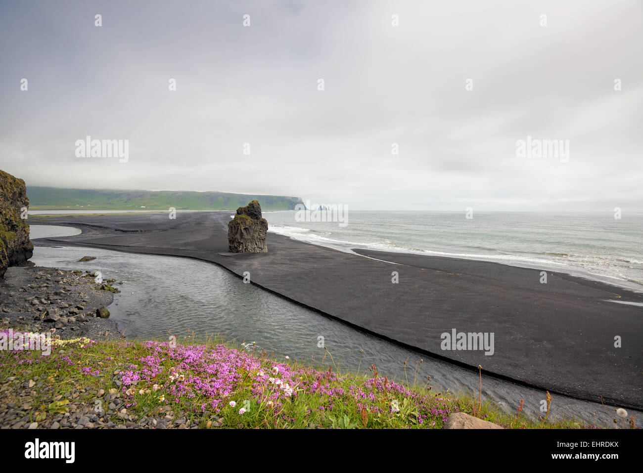 Beautiful view from Dyrholavegur, of black volcanic sand beach in Vik ...