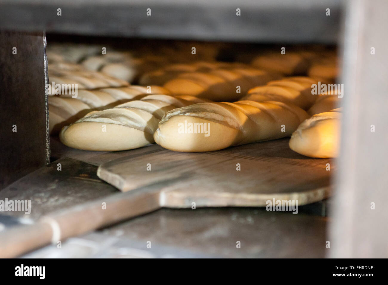 Oven inside plenty of half baked bread. Manufacturing process of
