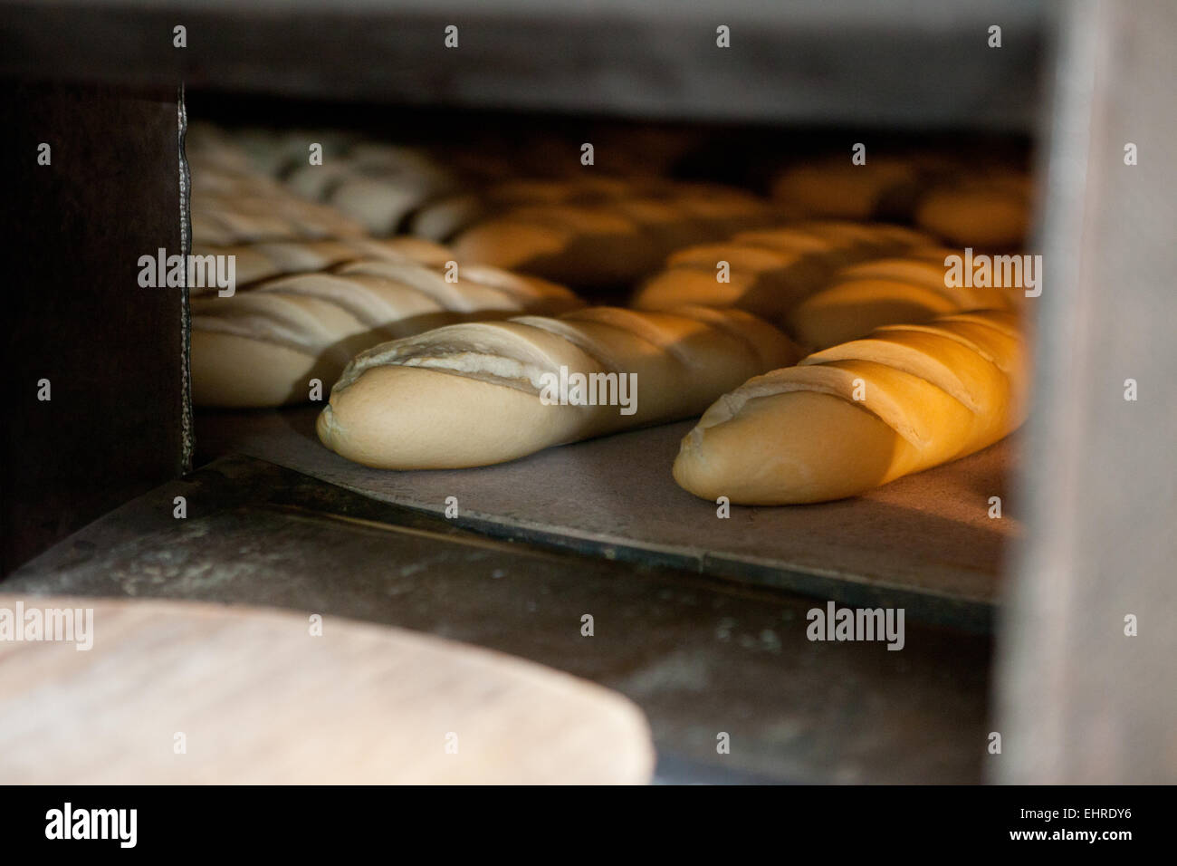 Oven inside plenty of half baked bread. Manufacturing process of