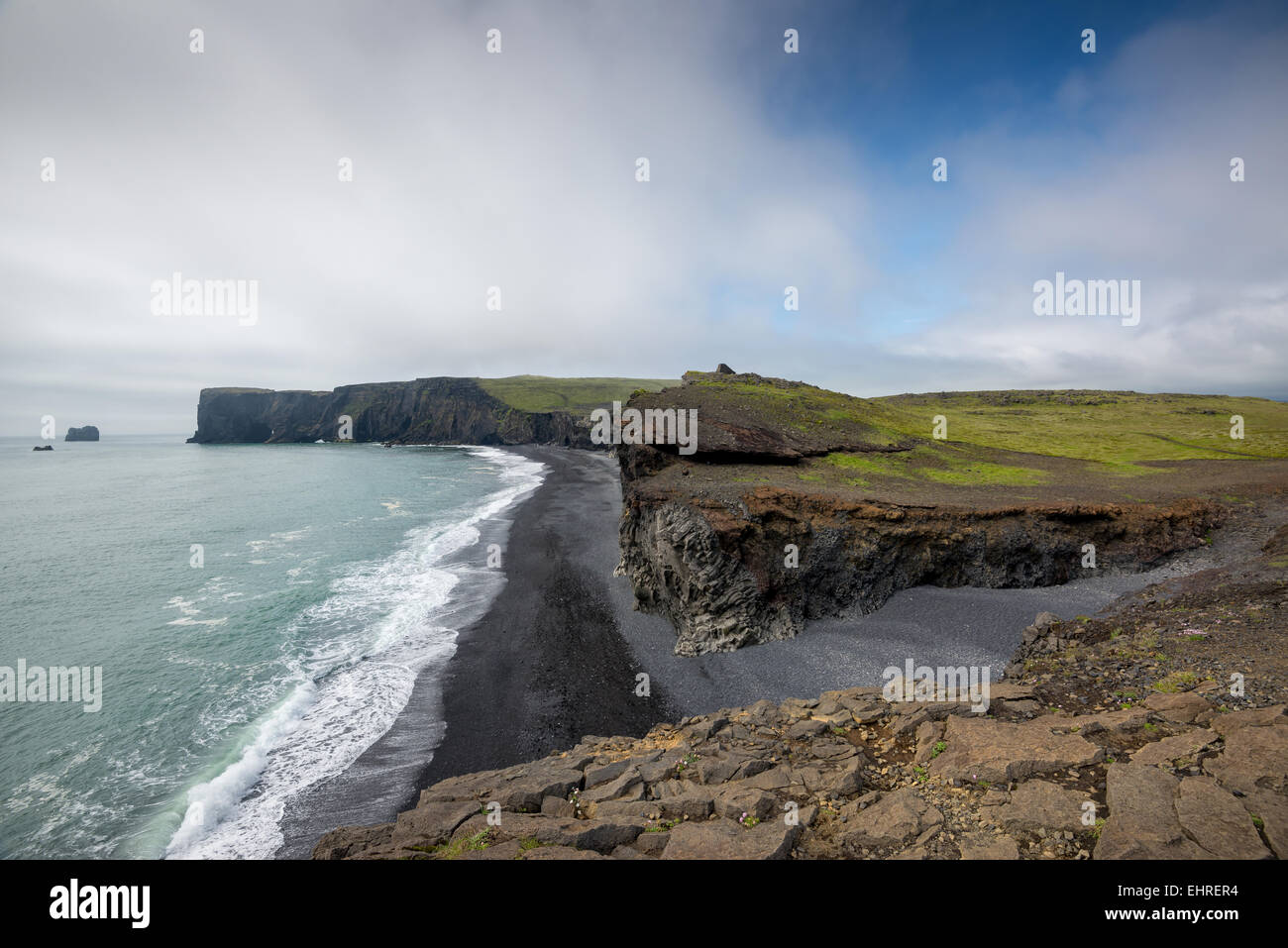 Beautiful view from Dyrholavegur, of black volcanic sand beach in Vik ...