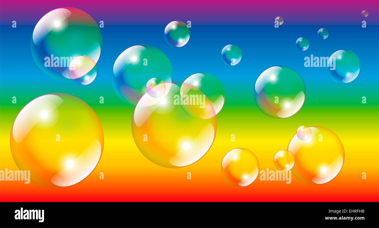 Soap bubbles on rainbow colors gradient background. Stock Photo