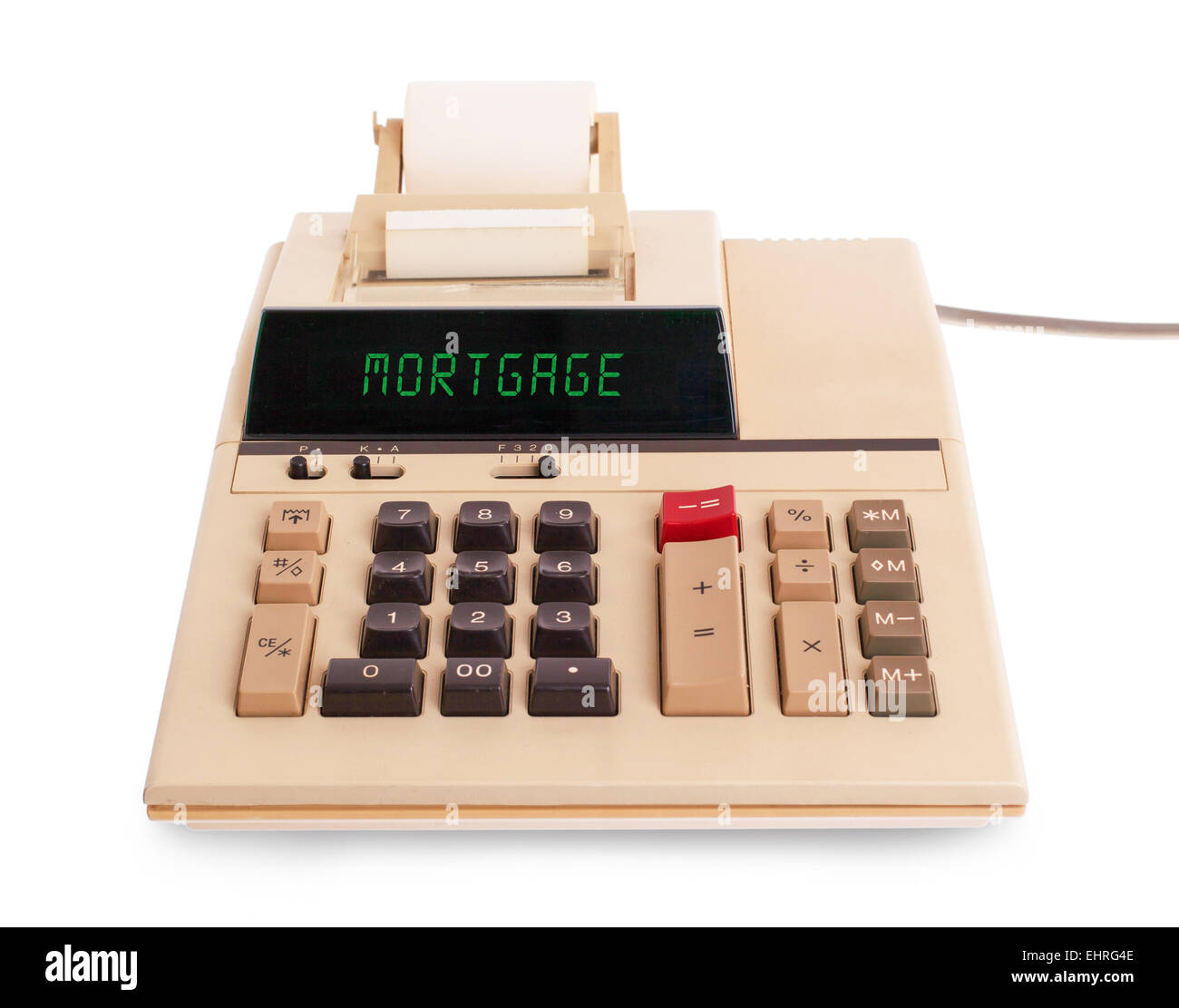 Old calculator showing a text on display - mortgage Stock Photo