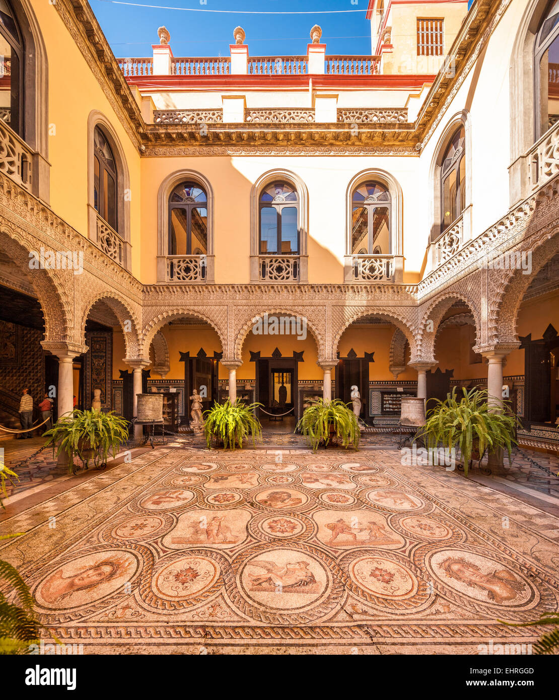 Seville Spain, courtyard with Roman mosaics. Sevilla, Palace of the Countess of Lebrija, Palacio de la Condesa de Lebrija. Stock Photo