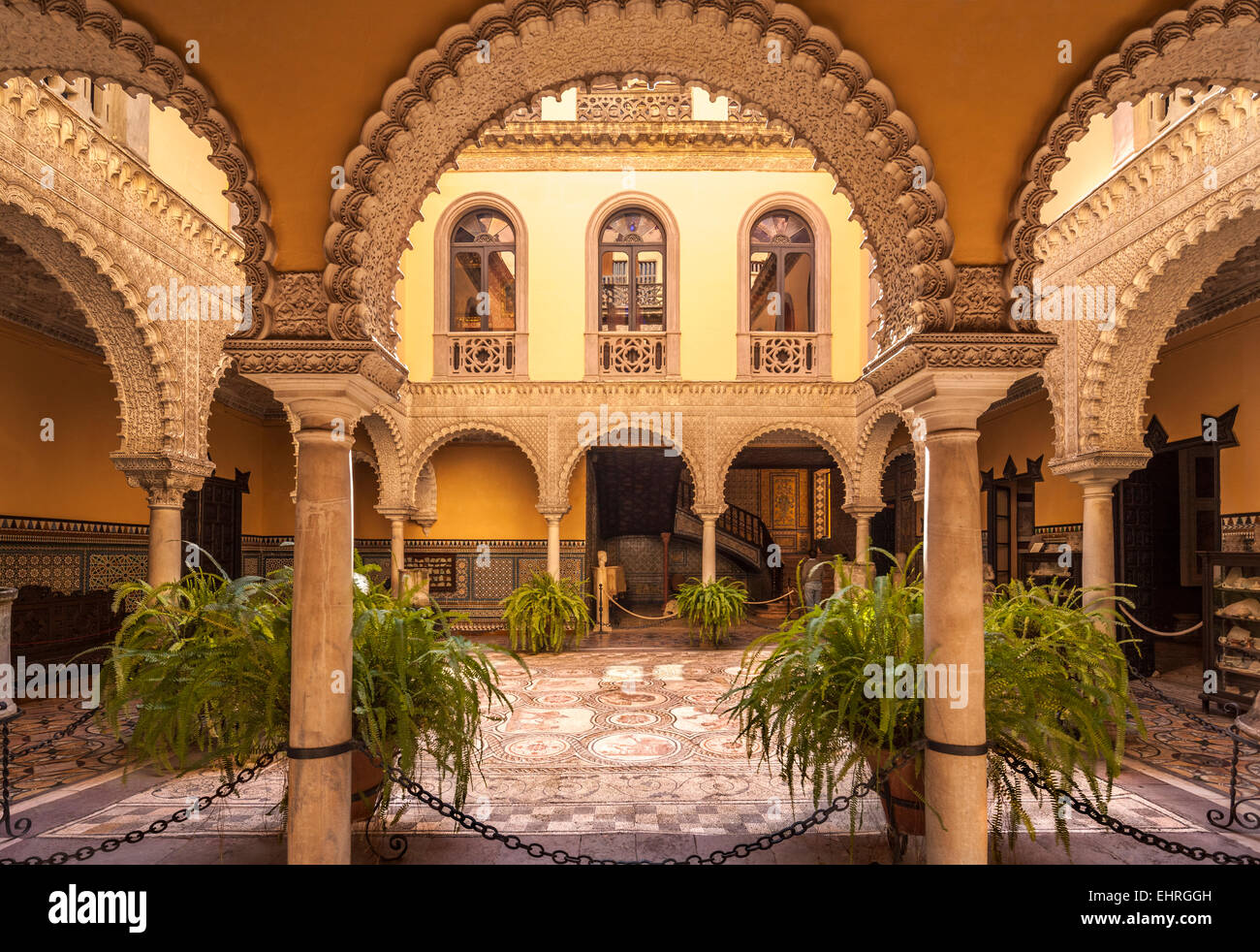 Seville Spain, courtyard with Roman mosaics. Sevilla, Palace of the Countess of Lebrija, Palacio de la Condesa de Lebrija. Stock Photo