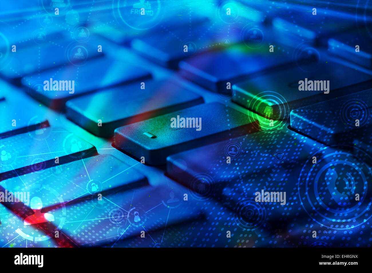 Keyboard With Glowing Social Network Icons Stock Photo - Alamy