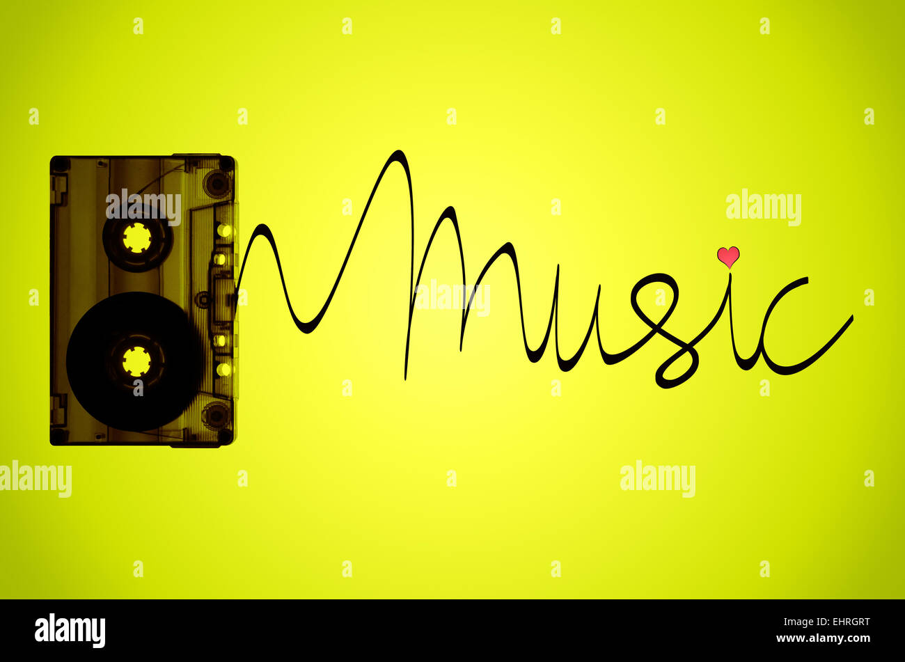 A cassette tape on a lime green backlit background with tape coming