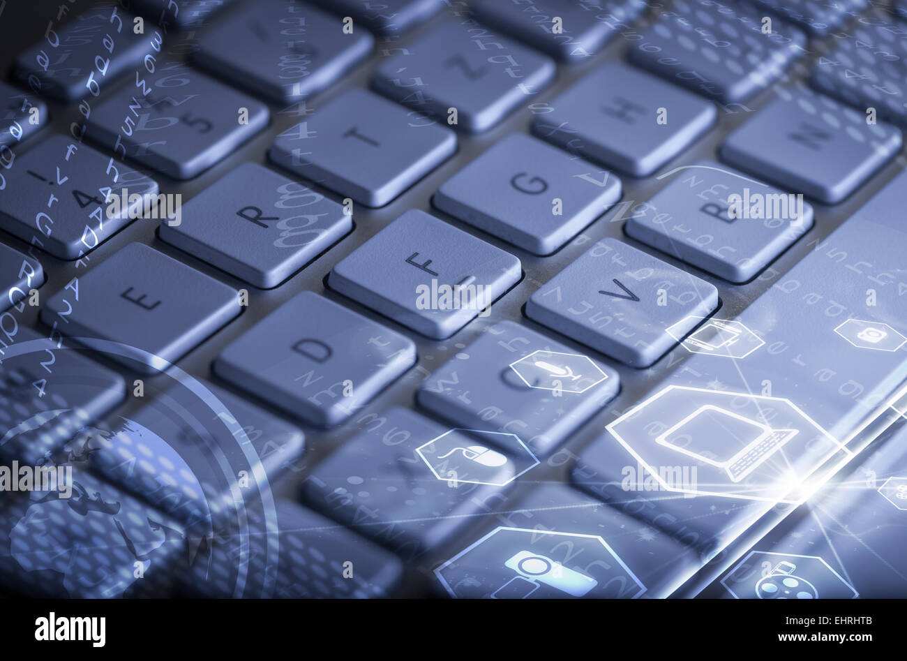 Keyboard with glowing multimedia icons Stock Photo - Alamy