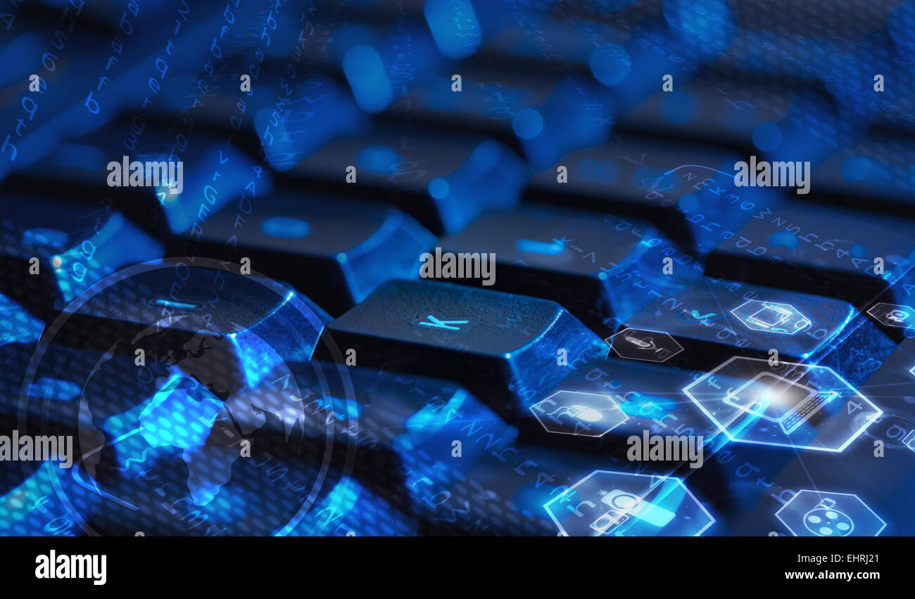 Keyboard with glowing multimedia icons Stock Photo - Alamy