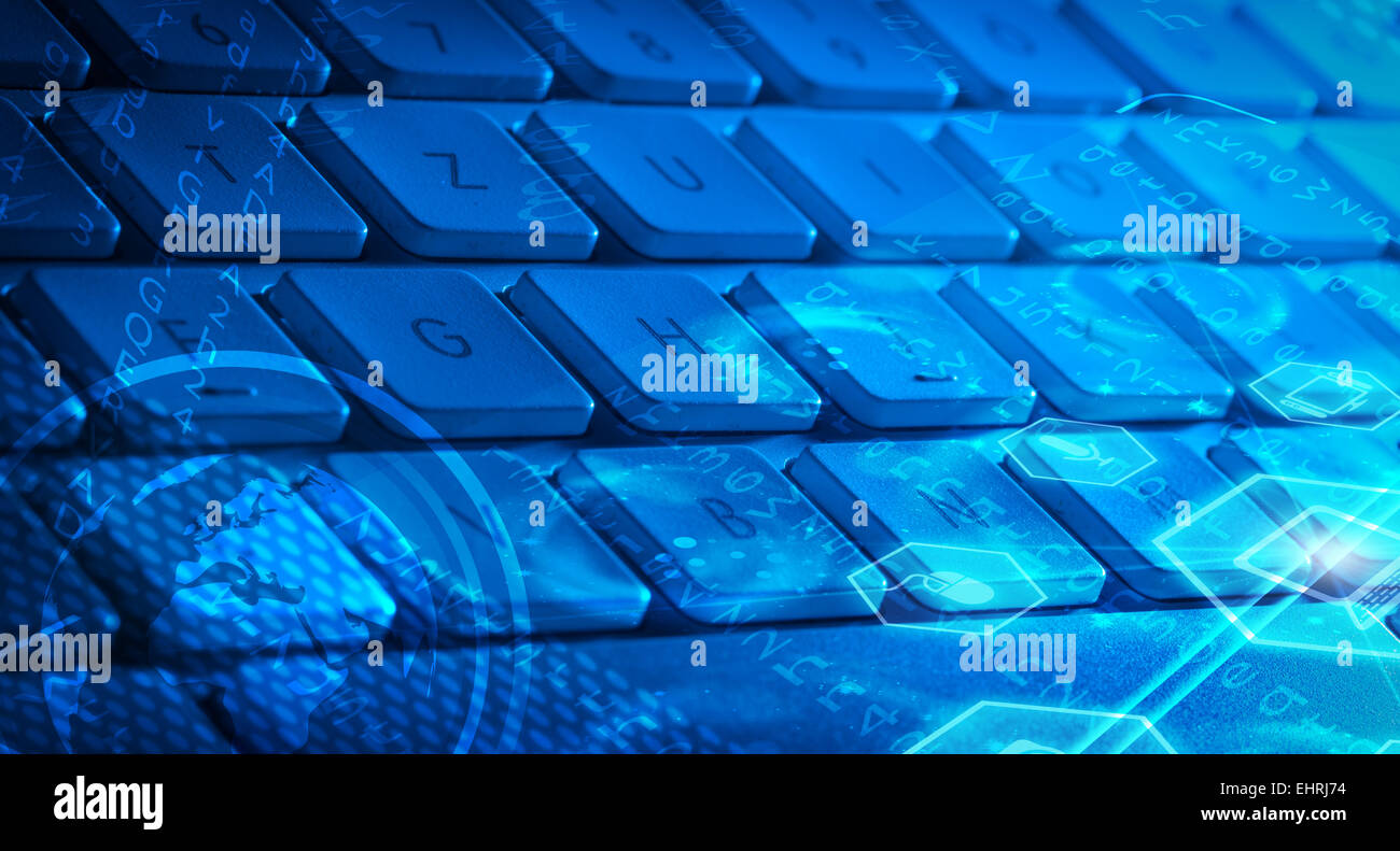 Keyboard with glowing multimedia icons Stock Photo - Alamy