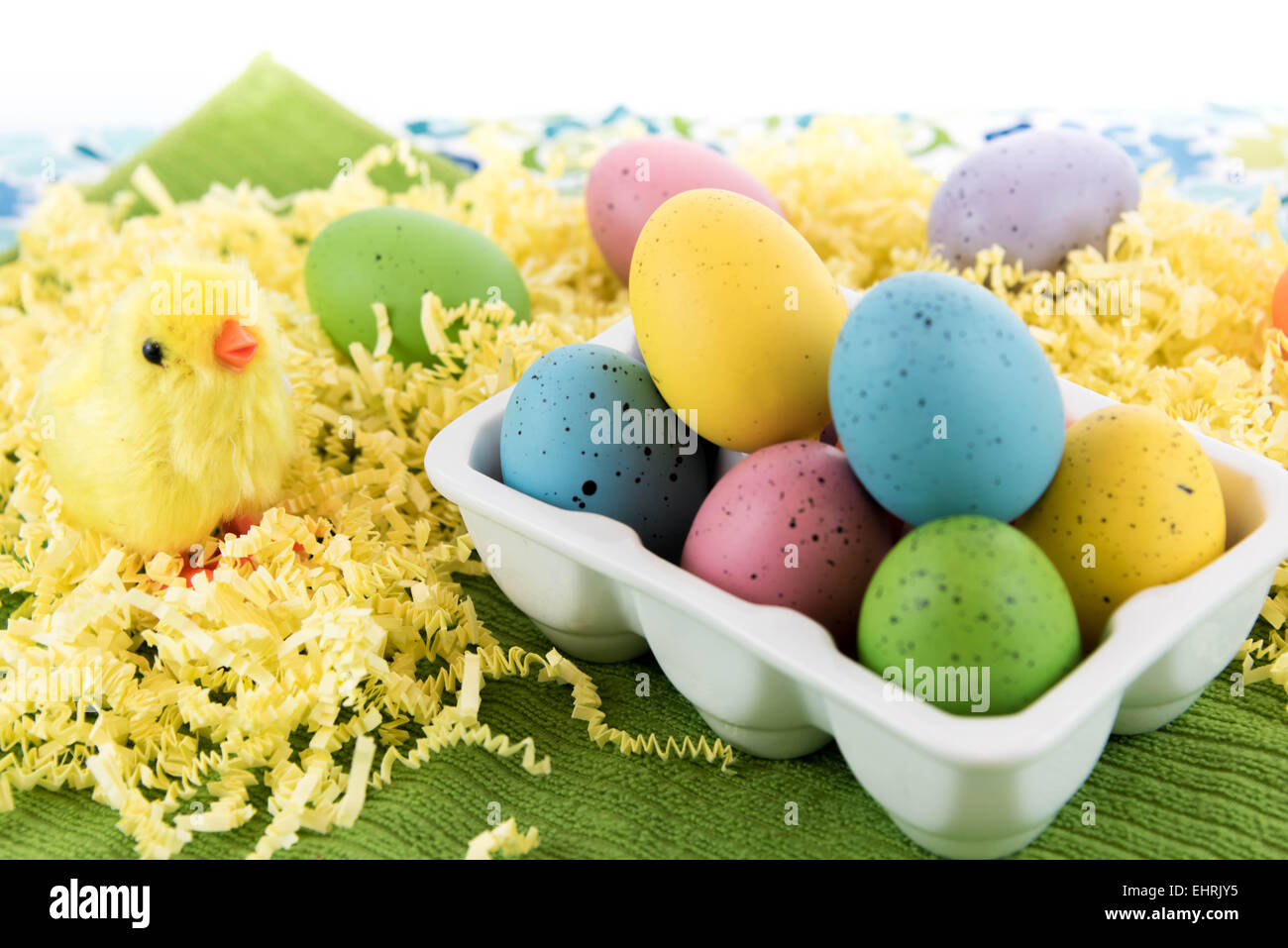 pastel colored eggs and yellow spring chick Stock Photo Alamy