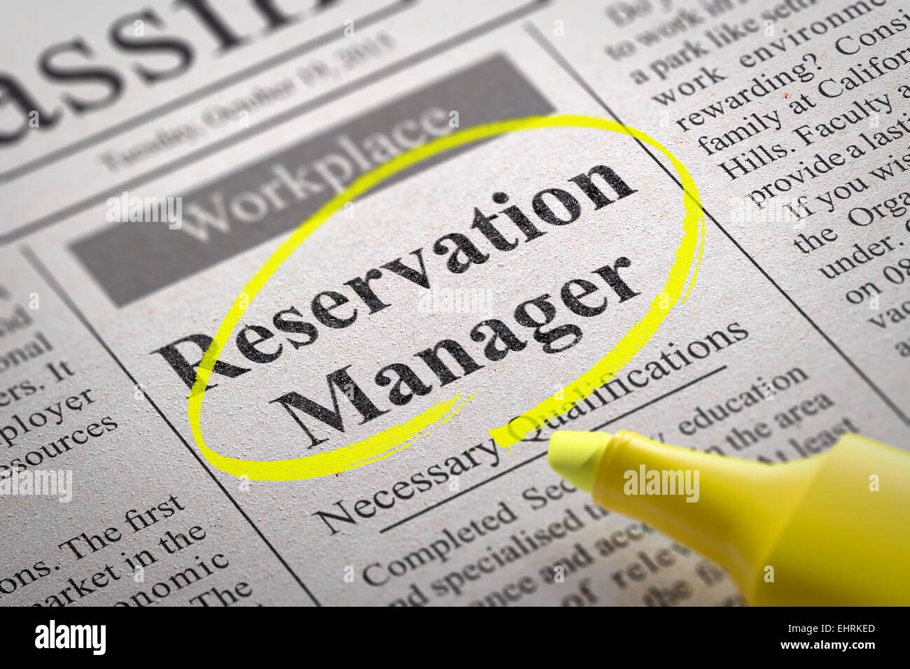 Reservation Manager Jobs in Newspaper. Stock Photo