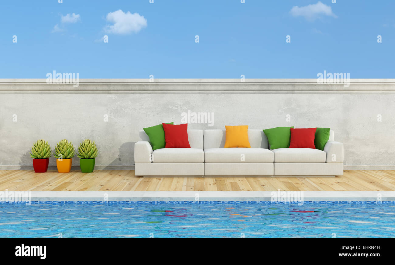 White Sofa With Colorful Pillows Near A Swimming Pool 3d
