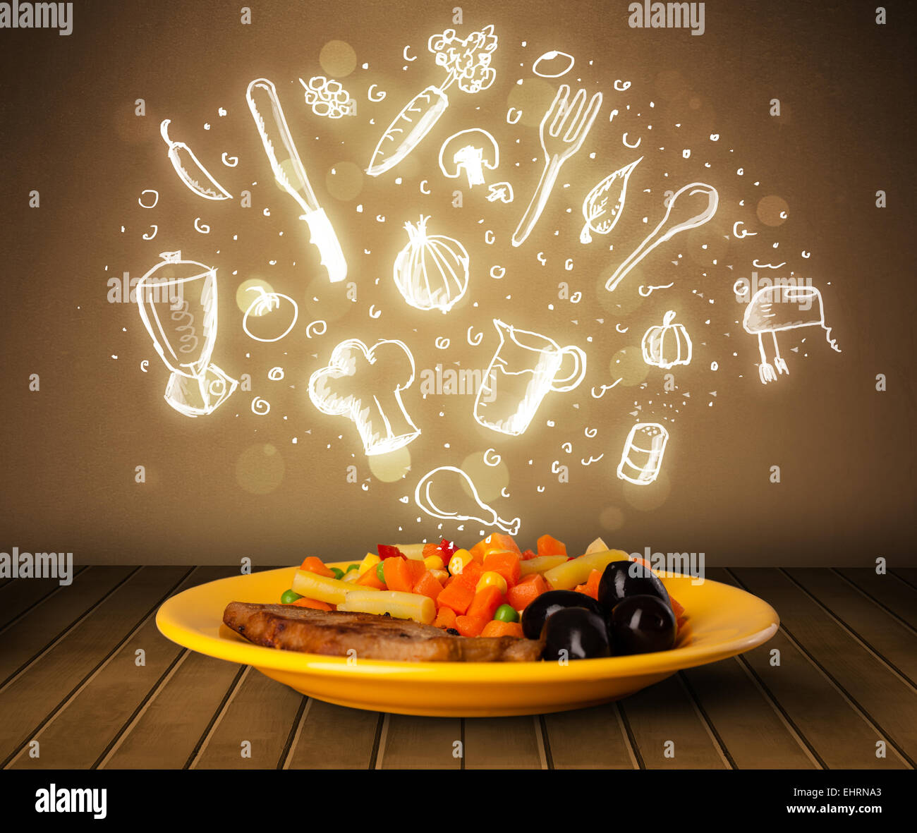 Plate of food with white hand drawn icons and symbols Stock Photo - Alamy