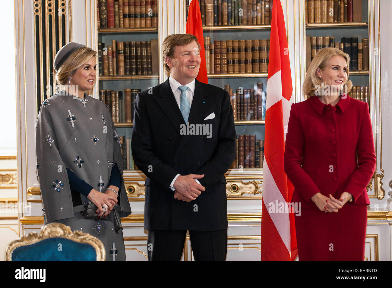 Copenhagen, Denmark. 17th March, 2015. Dutch King Willem-Alexander and Queen Máxma meets Danish PM, Helle Thorning-Schmidt, during their 2 days state visits to Denmark. Here they meets in The Queen's Library at the Prime Minister’s Office Credit:  OJPHOTOS/Alamy Live News Stock Photo