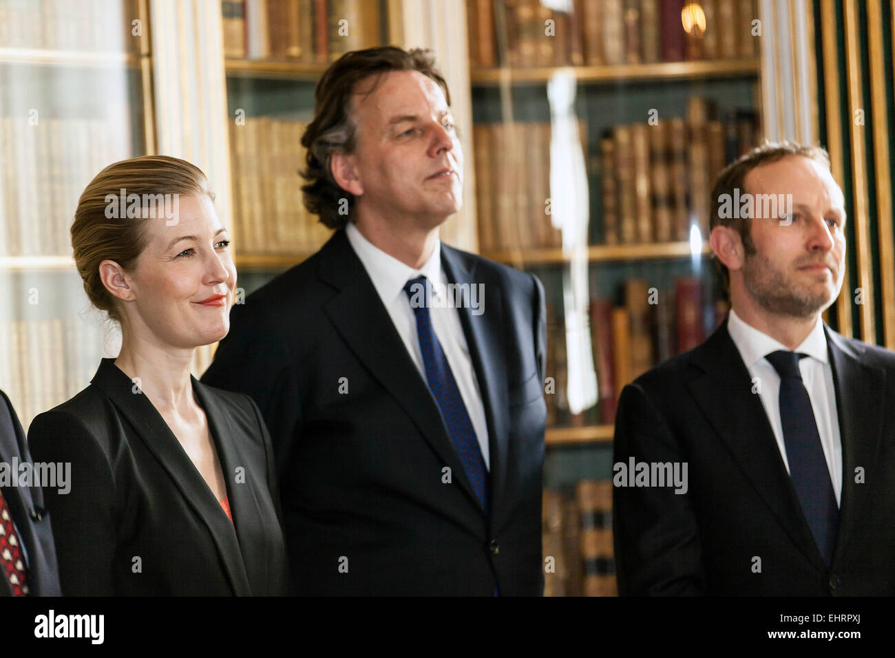 Copenhagen, Denmark. 17th March, 2015. Dutch Minister of Foreign Affairs , Bert Koenders (photo mid) and Danish Foreign Minister, Martin Lidegaard (photo, right) together with Danish Minister for Research,  Sofie Carsten Nielsen – pictured during the Dutch King Willem-Alexander and Queen Máxima meeting with PM Helle Thorning-Schmidt Credit:  OJPHOTOS/Alamy Live News Stock Photo