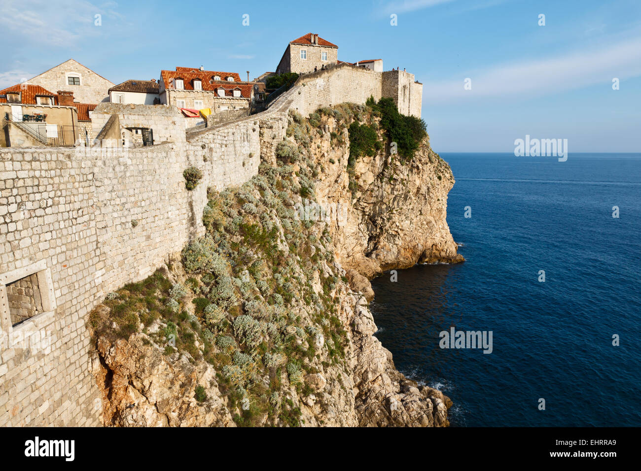 Amazing Dubrovnik Defensive Wall Built on Cliff, Croatia Stock Photo