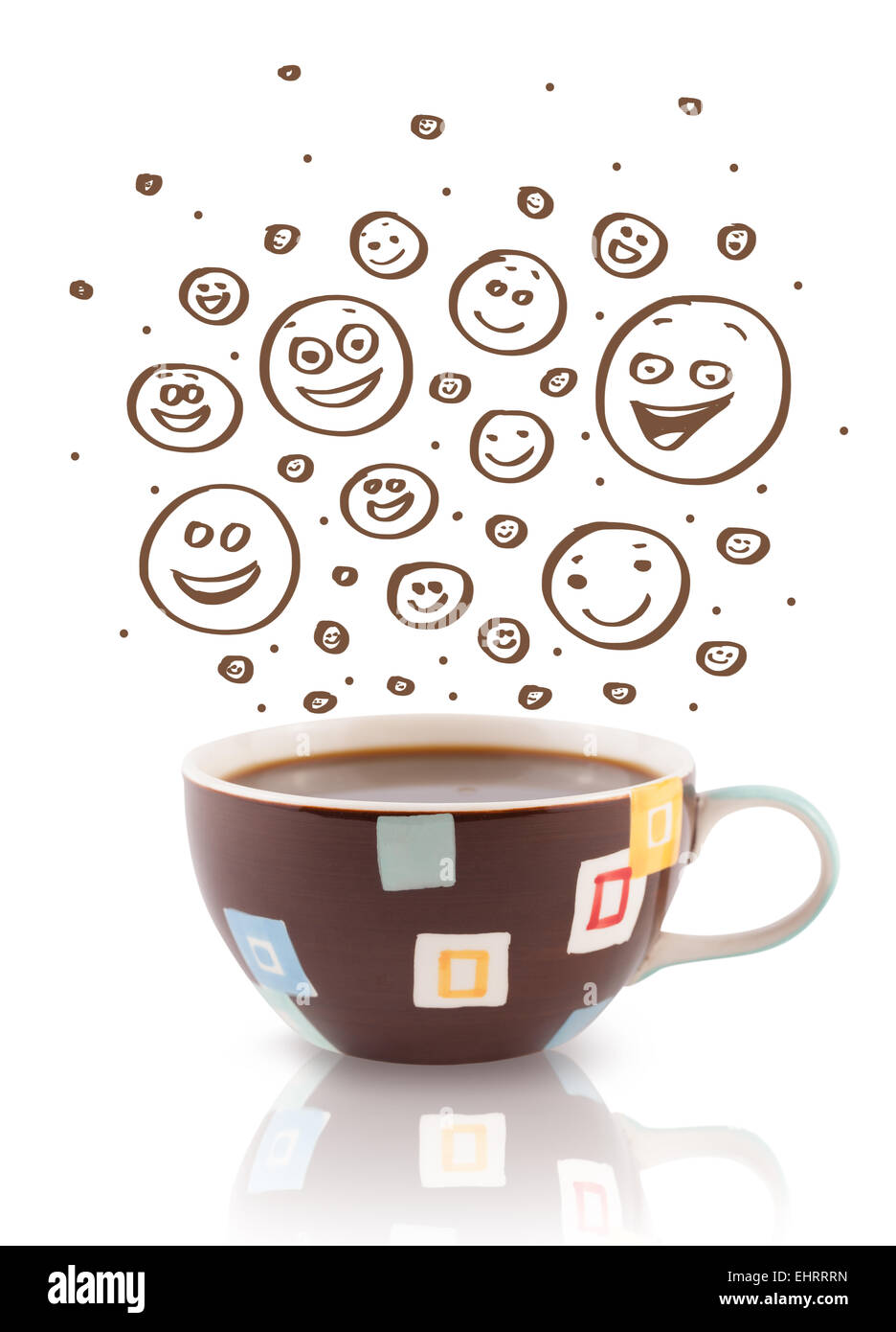 Coffee-cup with brown hand drawn happy smiley faces Stock Photo - Alamy