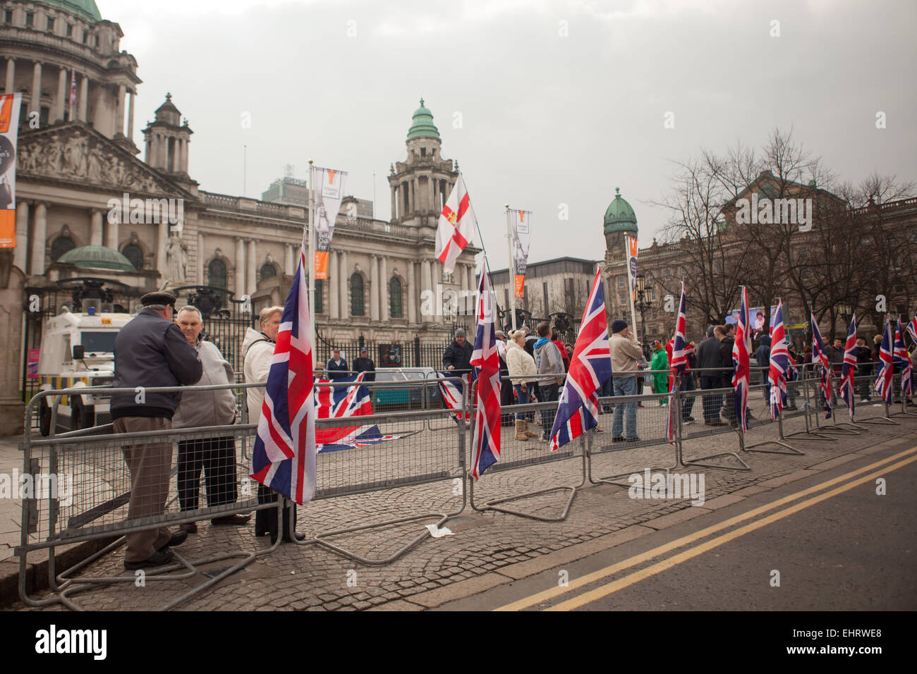 Belfast city hall flag protest union flag loyalist hi-res stock