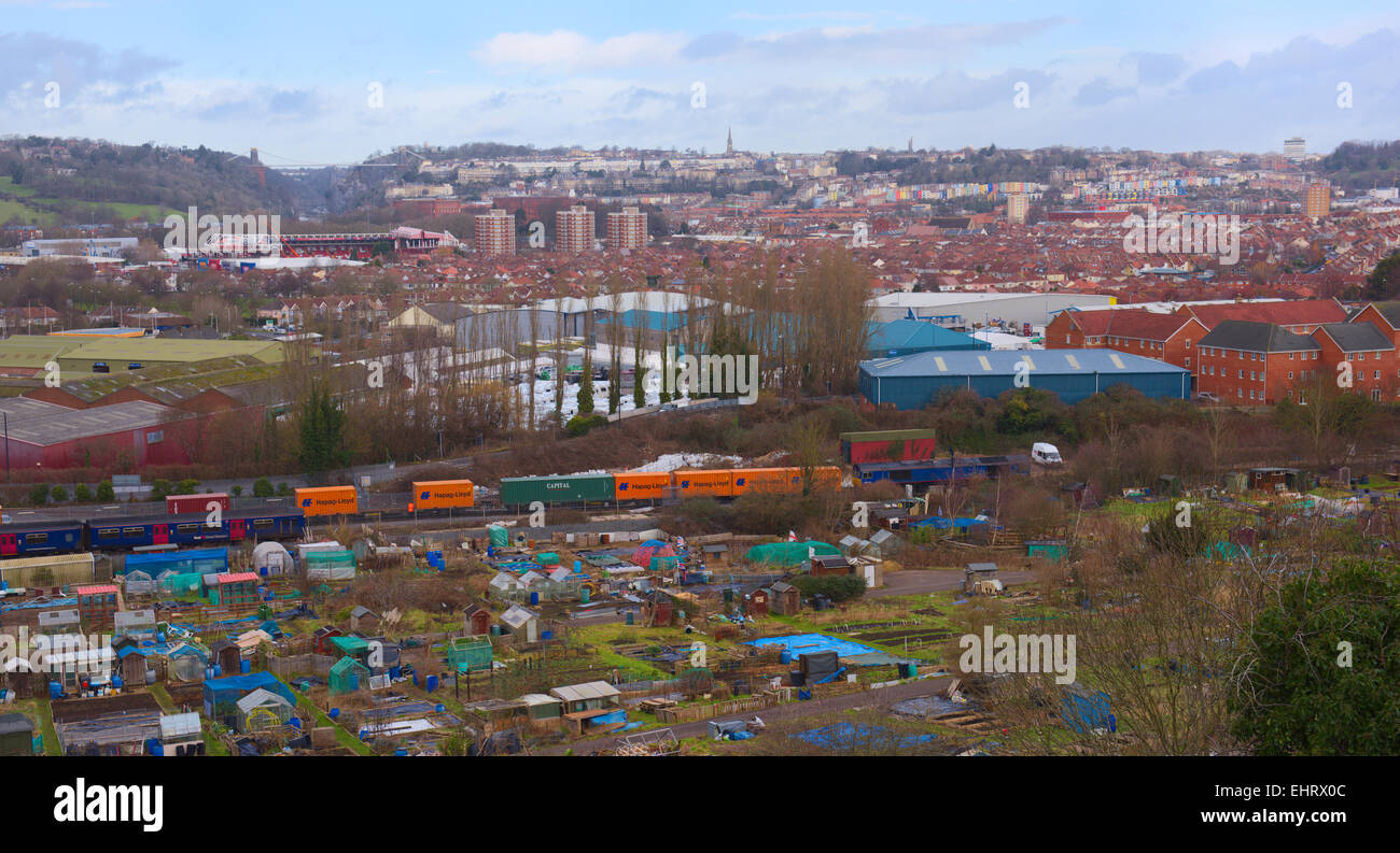 Skyline of Bristol England looking toward Clifton and suspension bridge from Bedminster Down with allotments in foreground Stock Photo